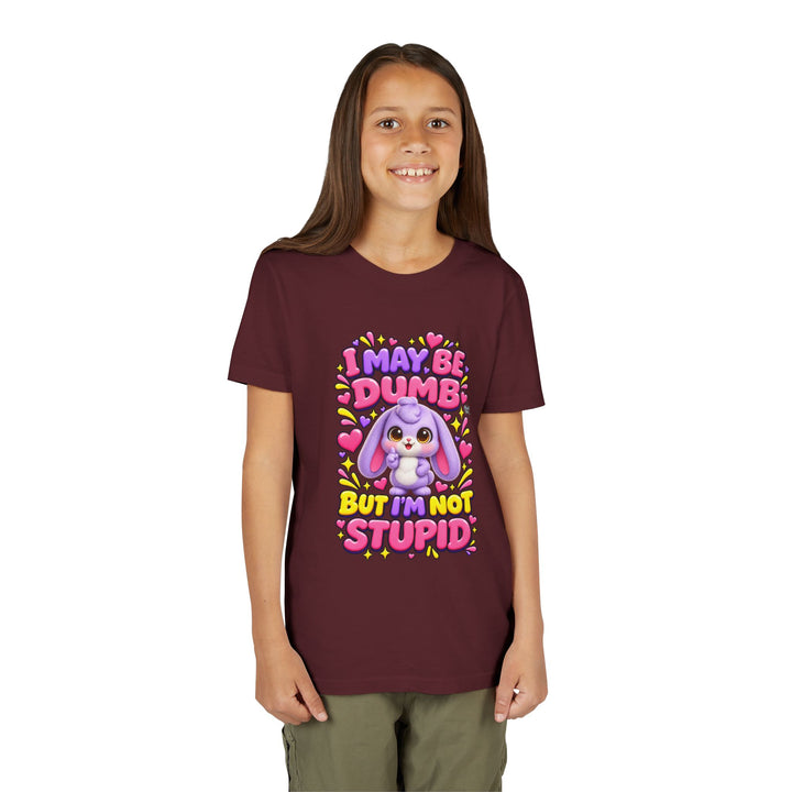 "I May Be Dumb But I'm Not Stupid" cute rabbit girls' t-shirt in Maroon, Noah's Tales, worn by model