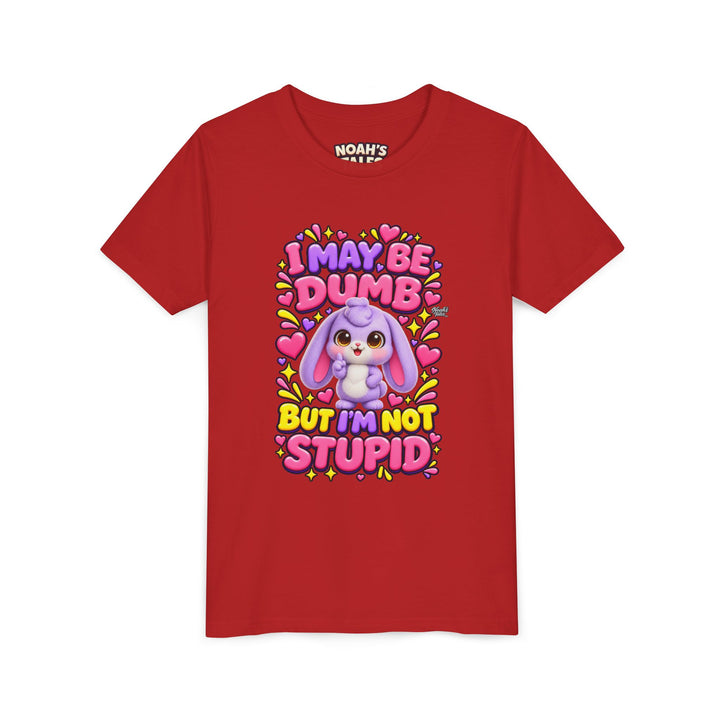 "I May Be Dumb But I'm Not Stupid" cute rabbit girls' t-shirt in Red, Noah's Tales, front view