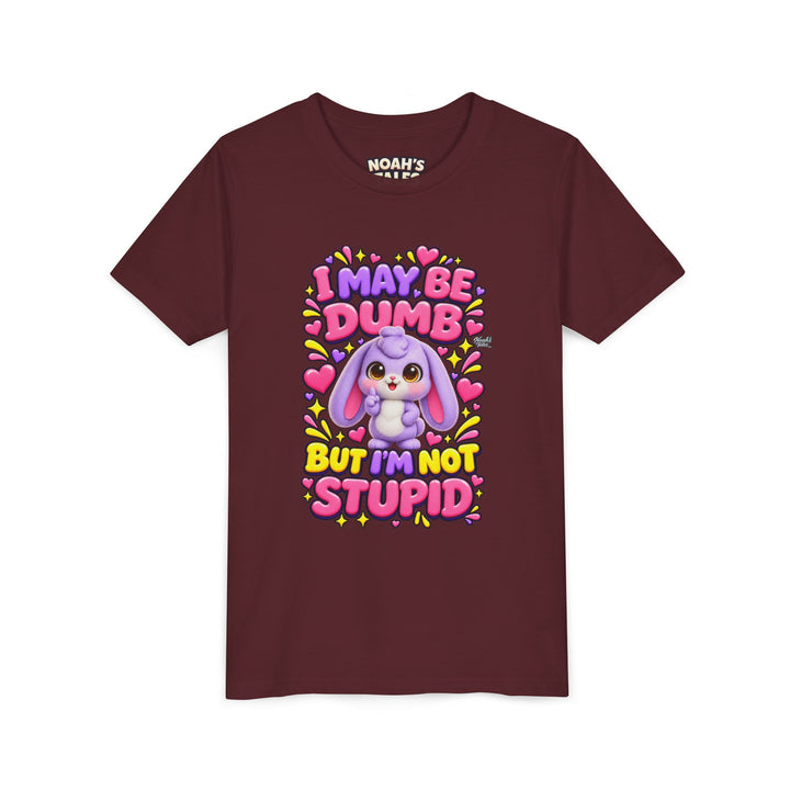 "I May Be Dumb But I'm Not Stupid" cute rabbit girls' t-shirt in Maroon, Noah's Tales, front view