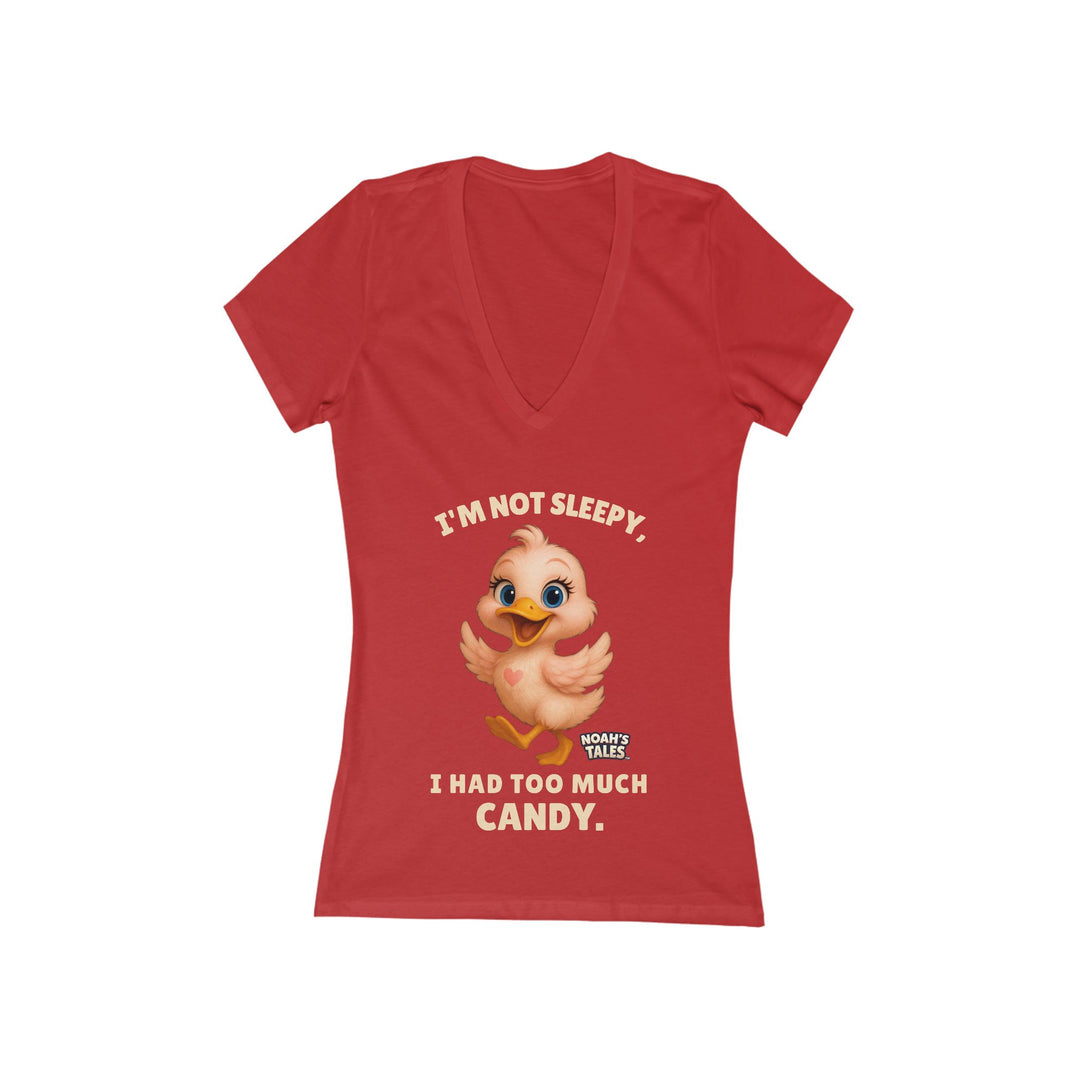 Noah’s Tales™ I'm Not Sleepy I Had Too Much Candy Women's V-Neck Bella T-Shirt