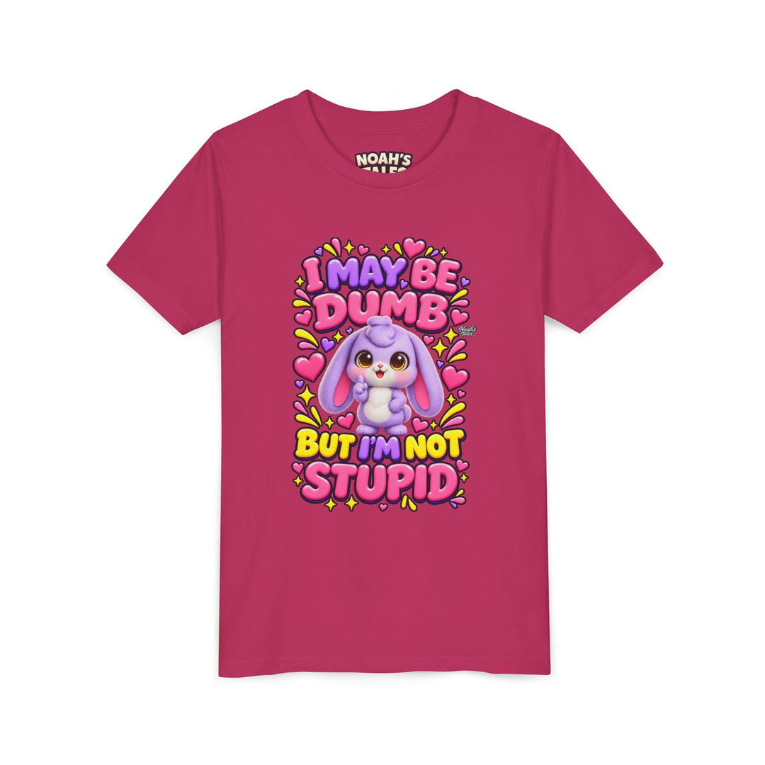 "I May Be Dumb But I'm Not Stupid" cute rabbit girls' t-shirt in Berry, Noah's Tales, front view
