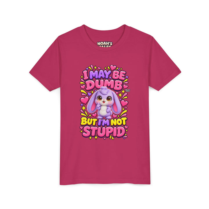 "I May Be Dumb But I'm Not Stupid" cute rabbit girls' t-shirt in Berry, Noah's Tales, front view