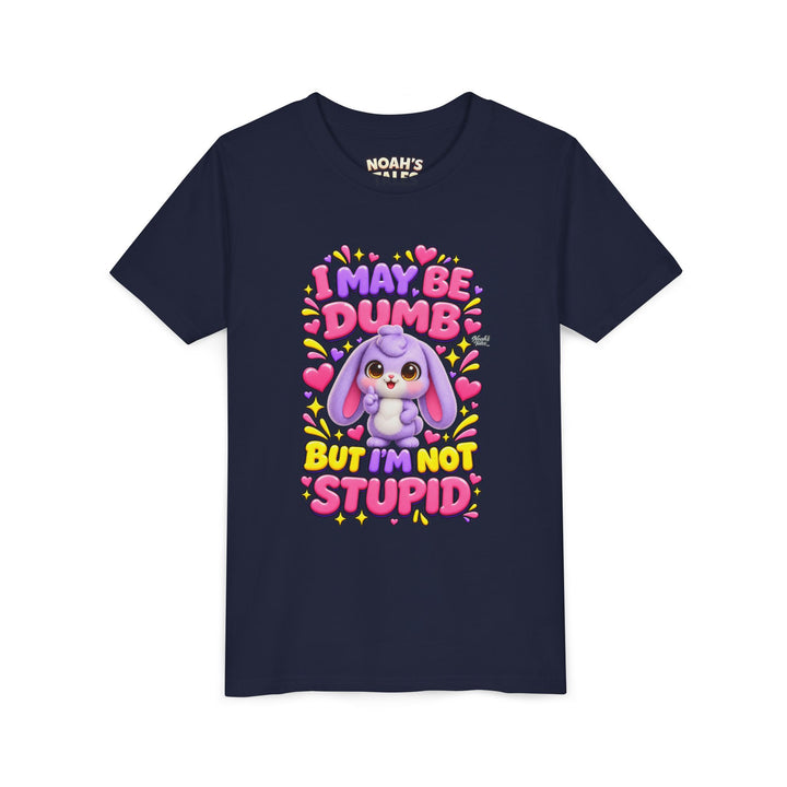 "I May Be Dumb But I'm Not Stupid" cute rabbit girls' t-shirt in Navy, Noah's Tales, front view