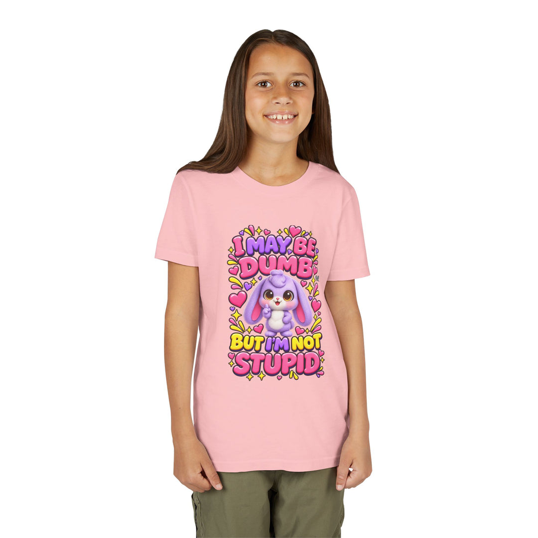 "I May Be Dumb But I'm Not Stupid" cute rabbit girls' t-shirt in Pink, Noah's Tales, worn by model