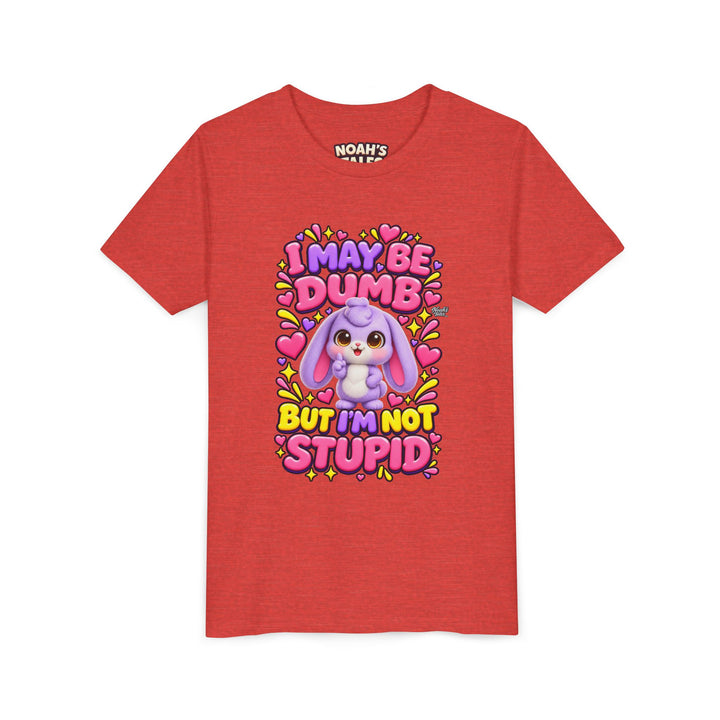 "I May Be Dumb But I'm Not Stupid" cute rabbit girls' t-shirt in Heather Red, Noah's Tales, front view