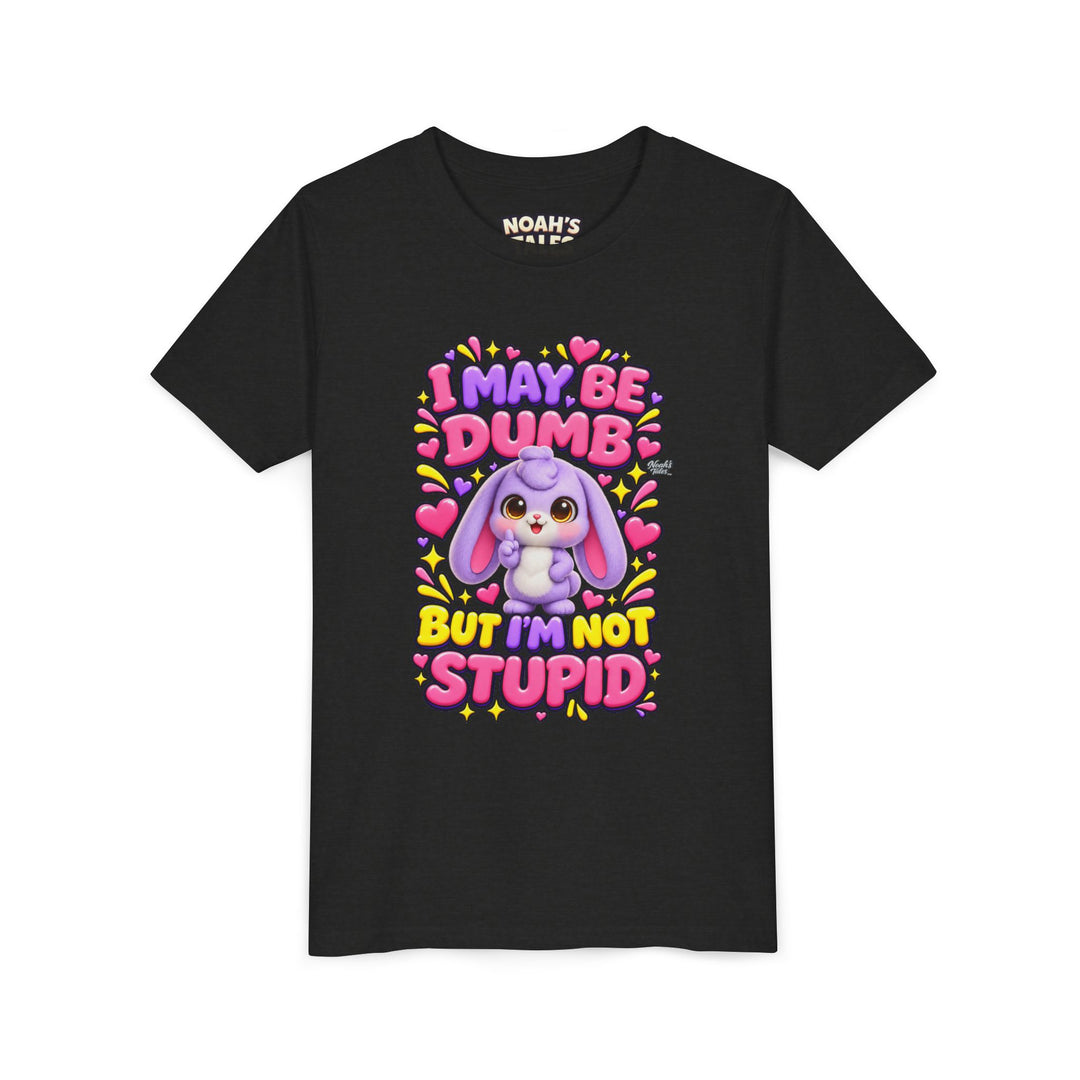 "I May Be Dumb But I'm Not Stupid" cute rabbit girls' t-shirt in Black Heather, Noah's Tales, front view