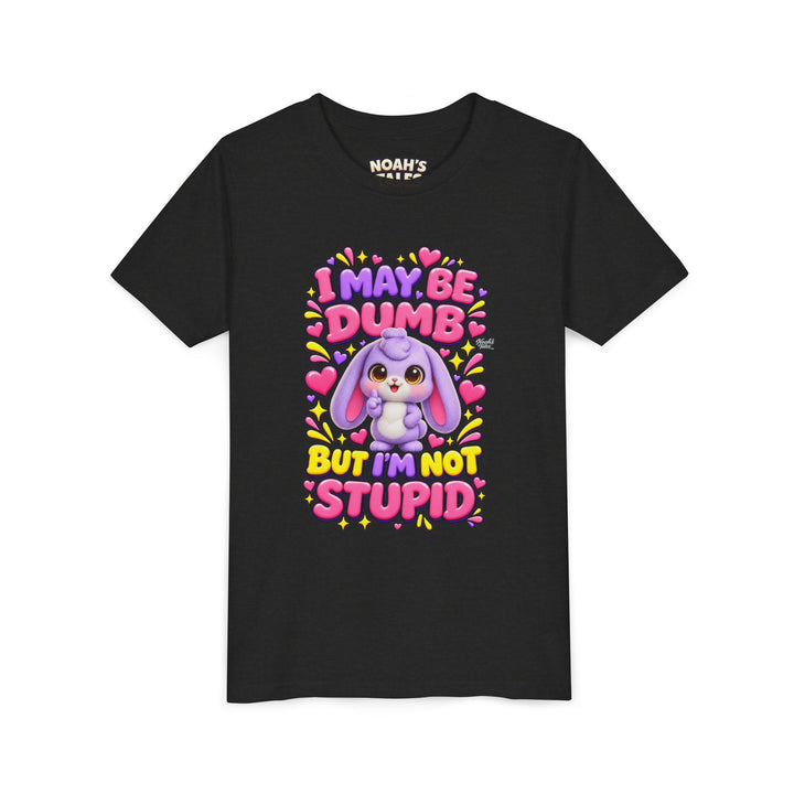 "I May Be Dumb But I'm Not Stupid" cute rabbit girls' t-shirt in Black Heather, Noah's Tales, front view