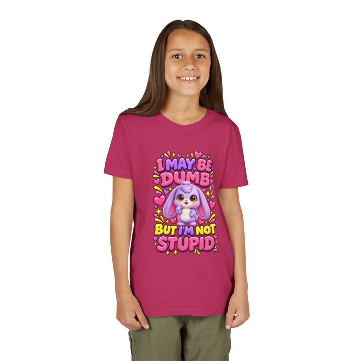 "I May Be Dumb But I'm Not Stupid" cute rabbit girls' t-shirt in Berry, Noah's Tales, worn by model