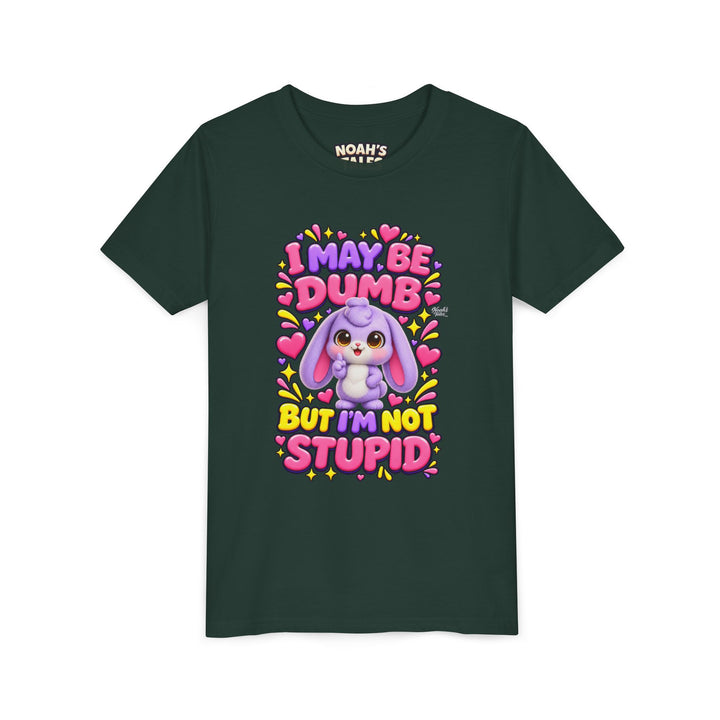 "I May Be Dumb But I'm Not Stupid" cute rabbit girls' t-shirt in Forest, Noah's Tales, front view