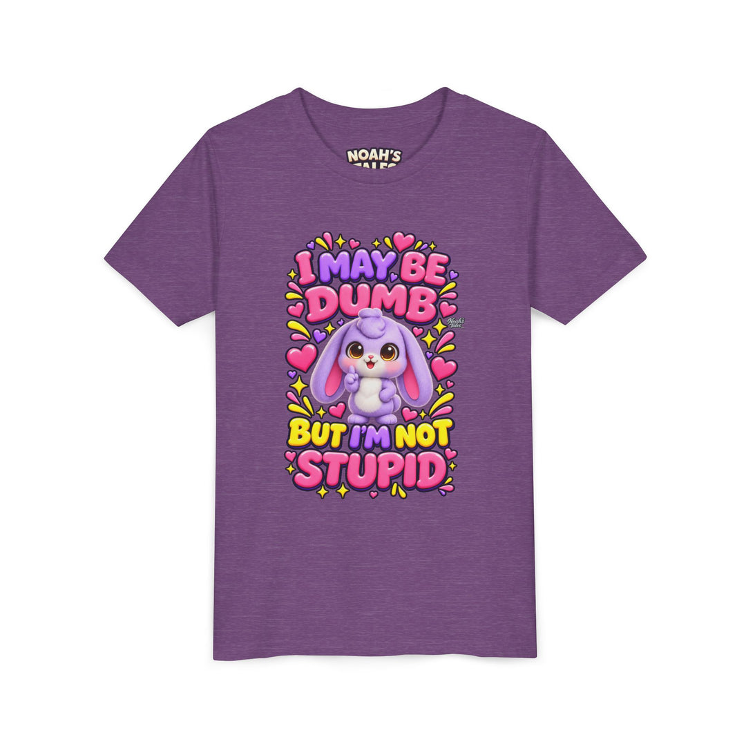 "I May Be Dumb But I'm Not Stupid" cute rabbit girls' t-shirt in Heather Team Purple, Noah's Tales, front view