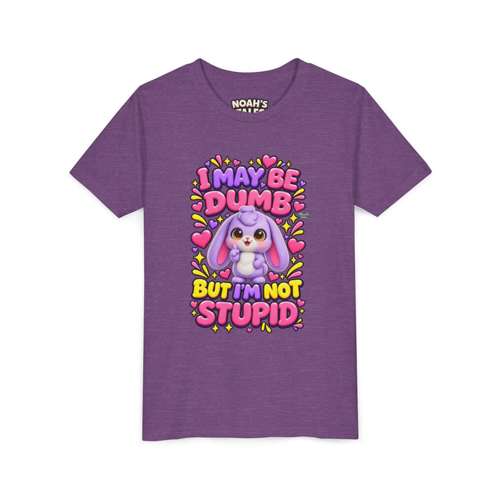 "I May Be Dumb But I'm Not Stupid" cute rabbit girls' t-shirt in Heather Team Purple, Noah's Tales, front view