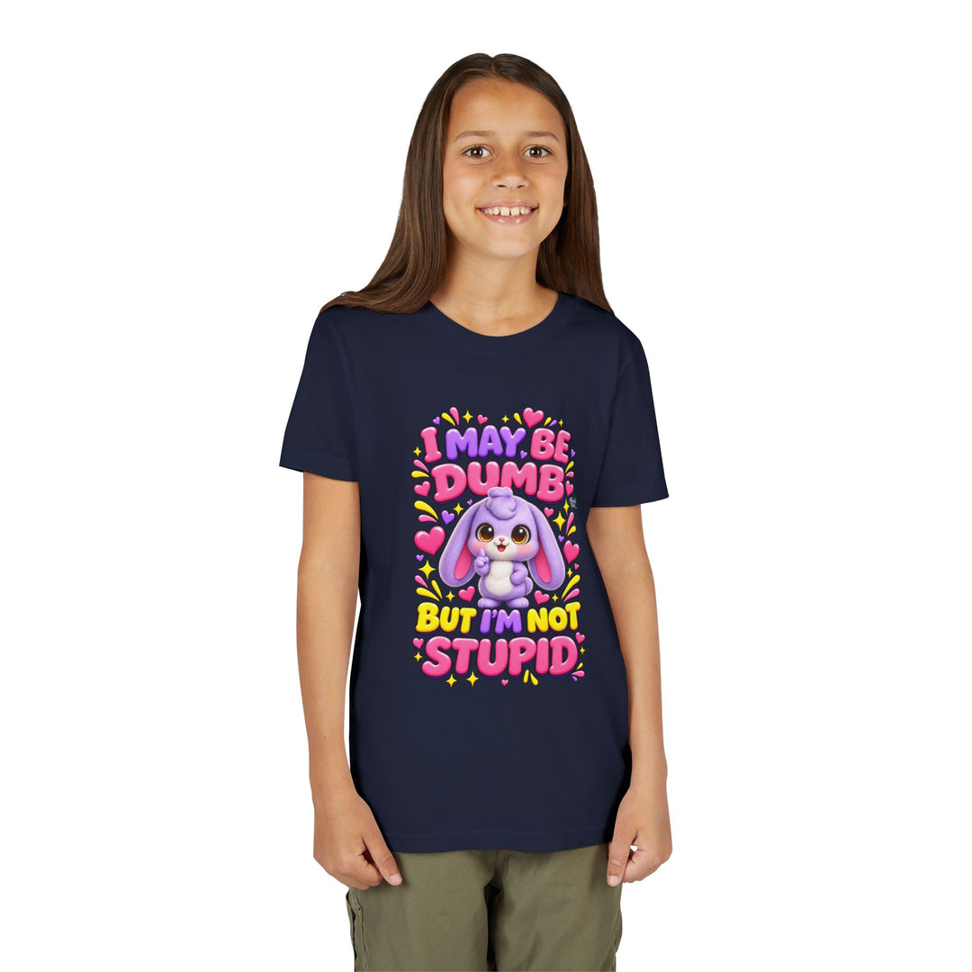 "I May Be Dumb But I'm Not Stupid" cute rabbit girls' t-shirt in Navy, Noah's Tales, worn by model