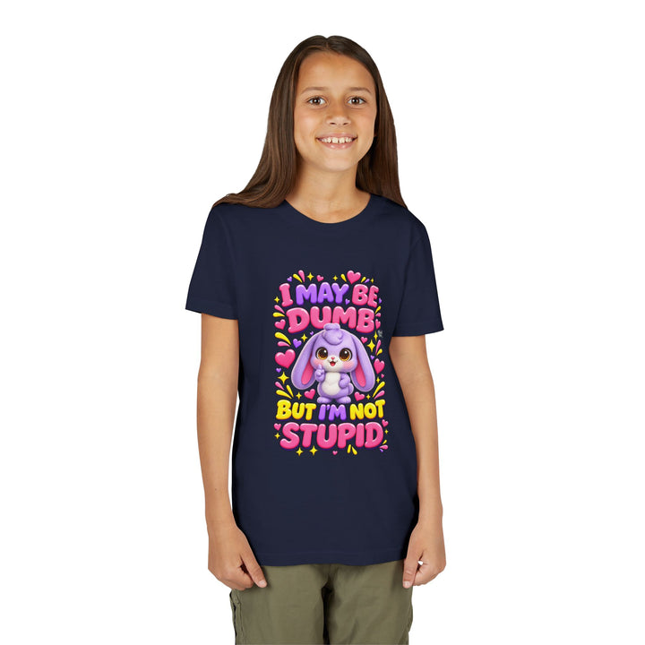 "I May Be Dumb But I'm Not Stupid" cute rabbit girls' t-shirt in Navy, Noah's Tales, worn by model