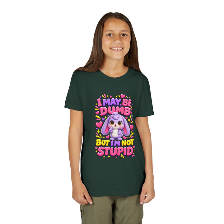 "I May Be Dumb But I'm Not Stupid" cute rabbit girls' t-shirt in Forest, Noah's Tales, worn by model