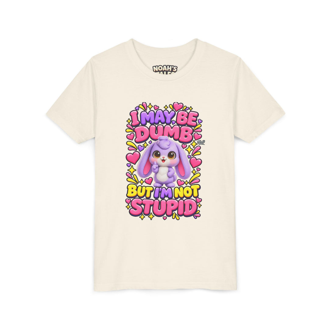 "I May Be Dumb But I'm Not Stupid" cute rabbit girls' t-shirt in Natural, Noah's Tales, front view