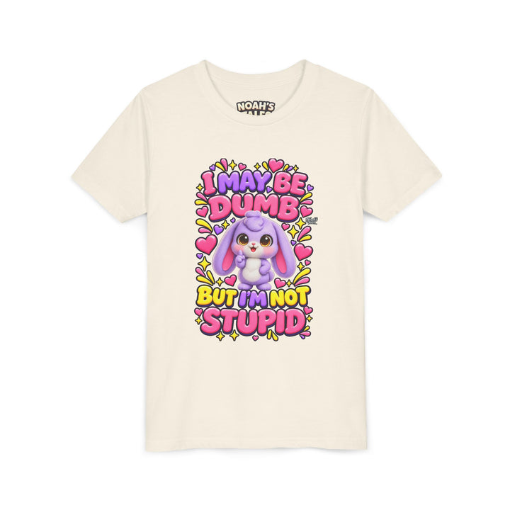 "I May Be Dumb But I'm Not Stupid" cute rabbit girls' t-shirt in Natural, Noah's Tales, front view