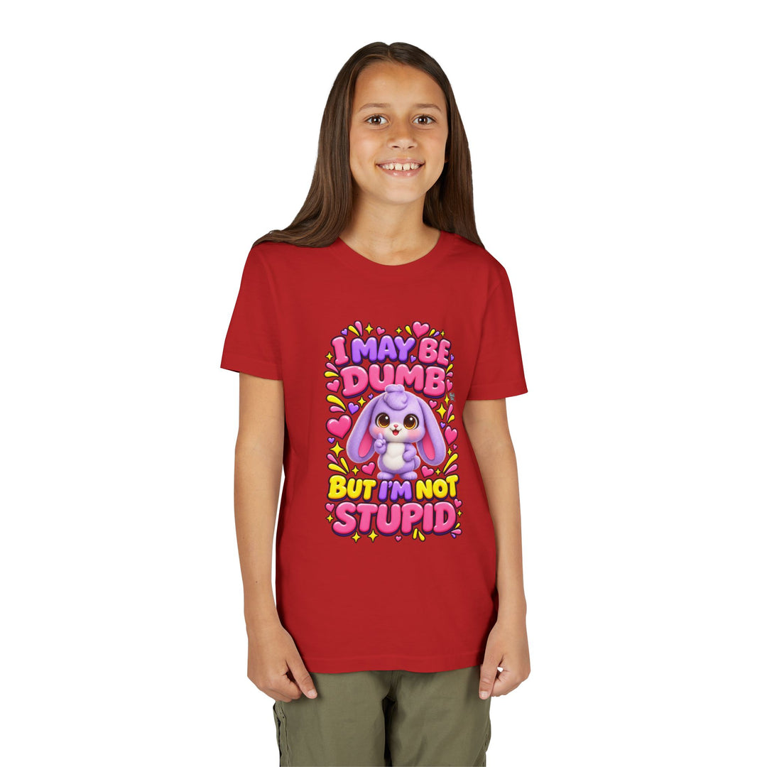 "I May Be Dumb But I'm Not Stupid" cute rabbit girls' t-shirt in Red, Noah's Tales, worn by model