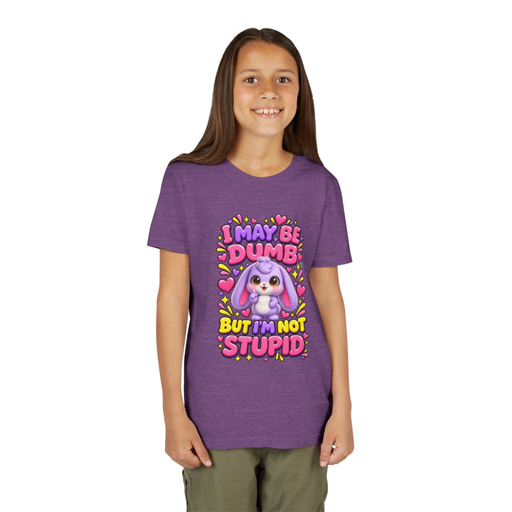 "I May Be Dumb But I'm Not Stupid" cute rabbit girls' t-shirt in Heather Team Purple, Noah's Tales, worn by model