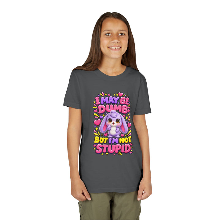 "I May Be Dumb But I'm Not Stupid" cute rabbit girls' t-shirt in Asphalt, Noah's Tales, worn by model
