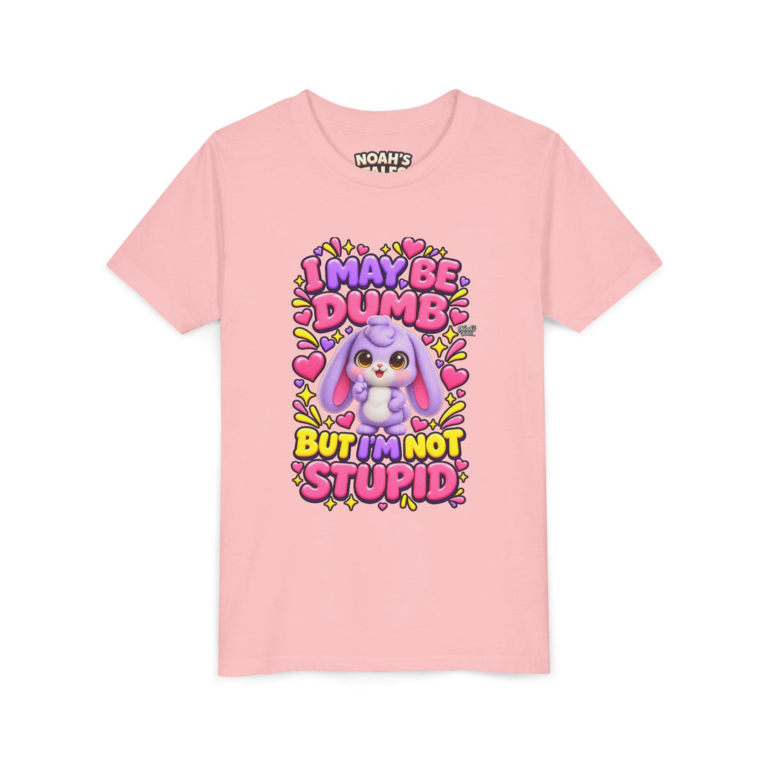 "I May Be Dumb But I'm Not Stupid" cute rabbit girls' t-shirt in Pink, Noah's Tales, front view