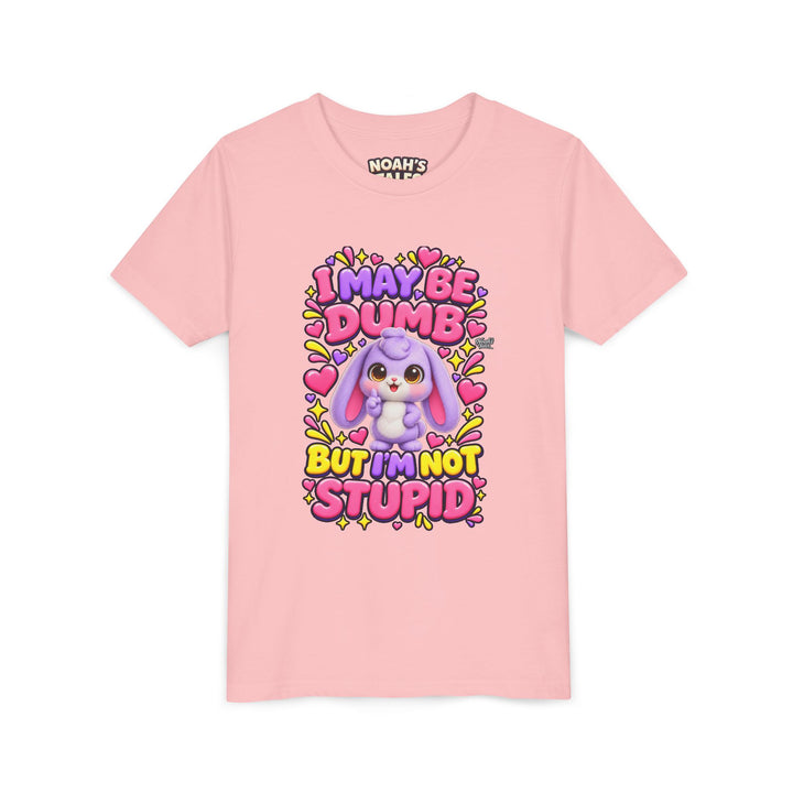 "I May Be Dumb But I'm Not Stupid" cute rabbit girls' t-shirt in Pink, Noah's Tales, front view