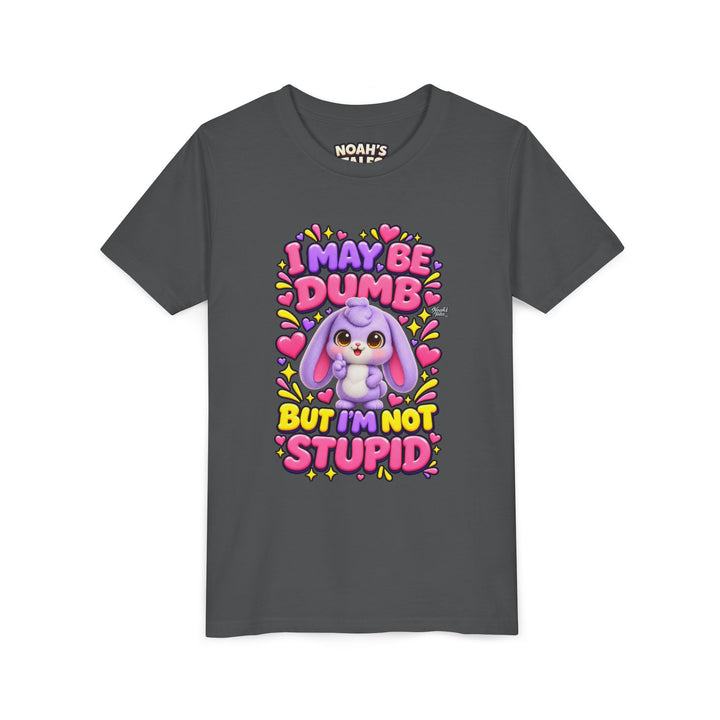 "I May Be Dumb But I'm Not Stupid" cute rabbit girls' t-shirt in Asphalt, Noah's Tales, front view