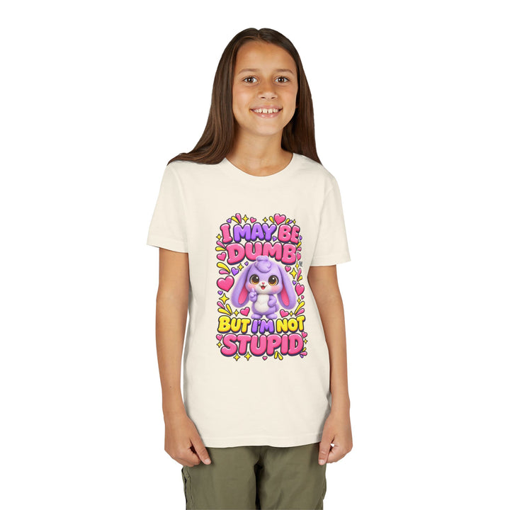 "I May Be Dumb But I'm Not Stupid" cute rabbit girls' t-shirt in Natural, Noah's Tales, worn by model