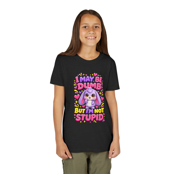 "I May Be Dumb But I'm Not Stupid" cute rabbit girls' t-shirt in Black Heather, Noah's Tales, worn by model
