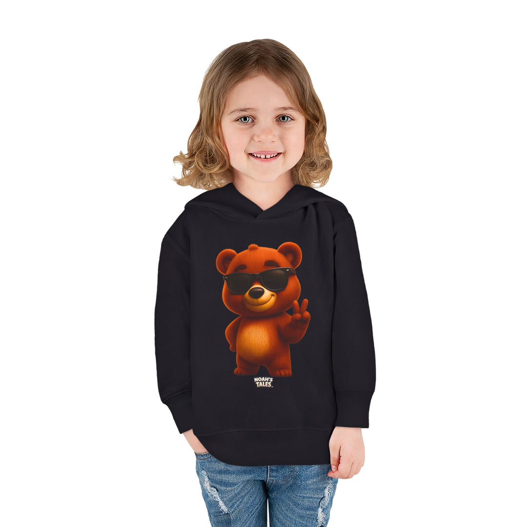 Cool bear girls' hoodie in Black, Noah's Tales Baxter, worn by model