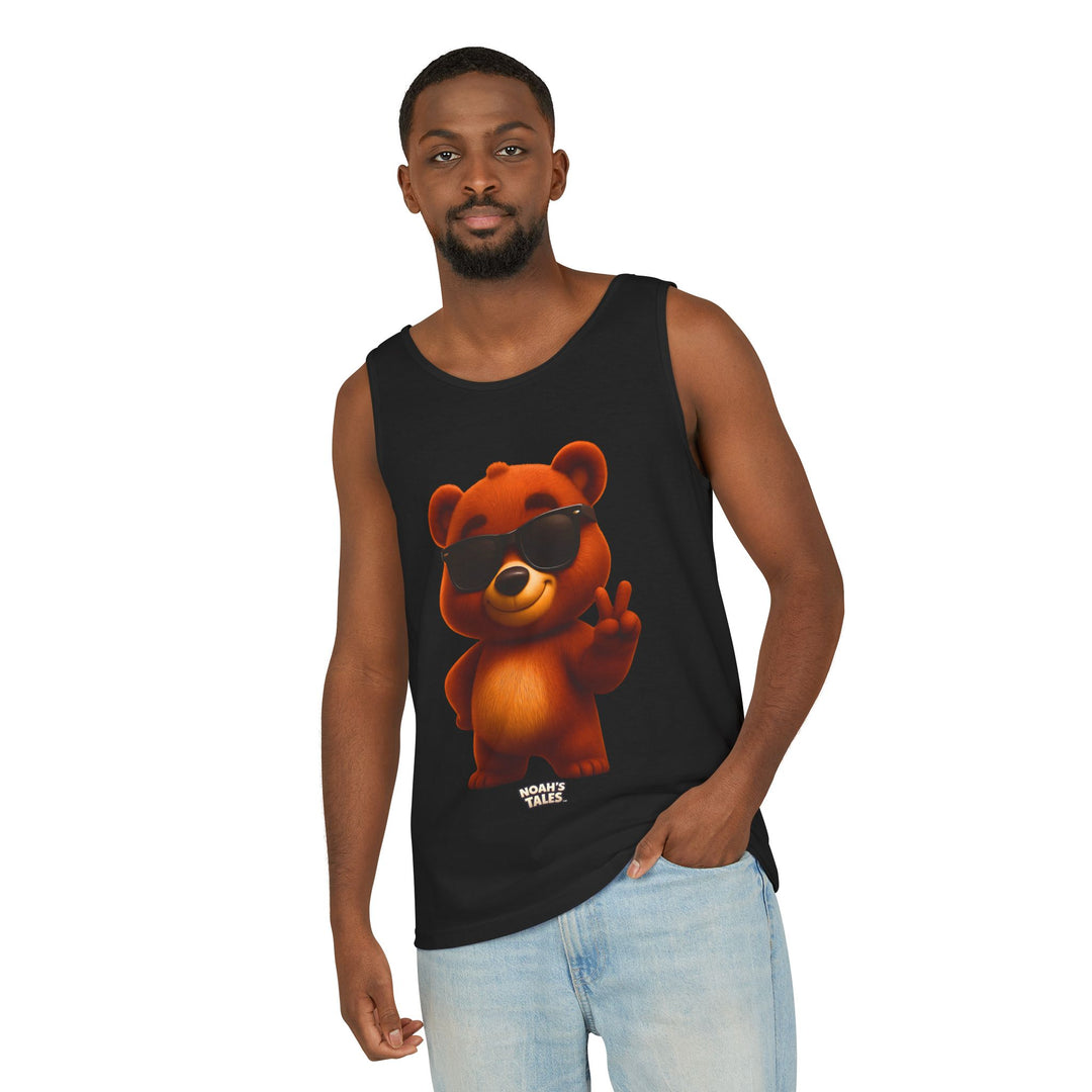 Cool bear illustration men's tank top in Black, Noah's Tales Baxter, worn by model
