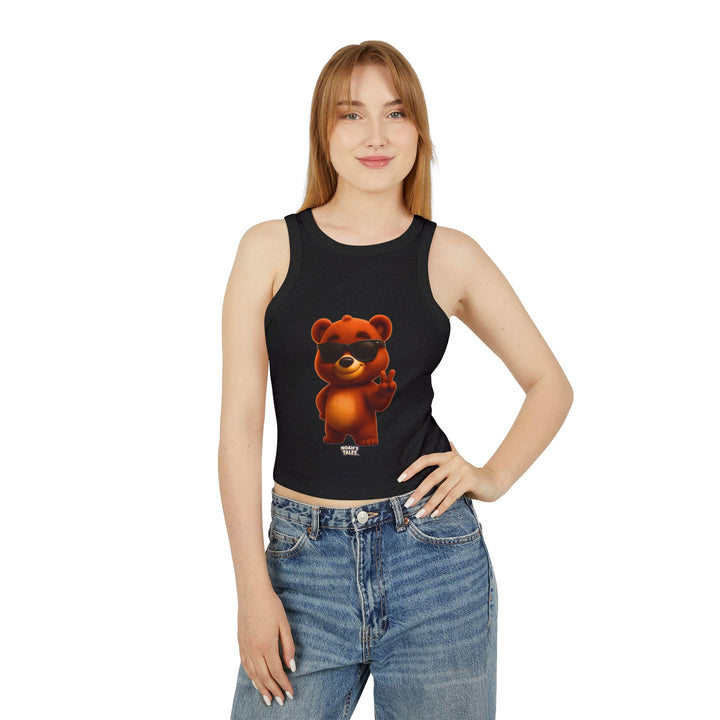 Cool casual wear women's tank top in Solid Black Blend, Noah's Tales Baxter, worn by model