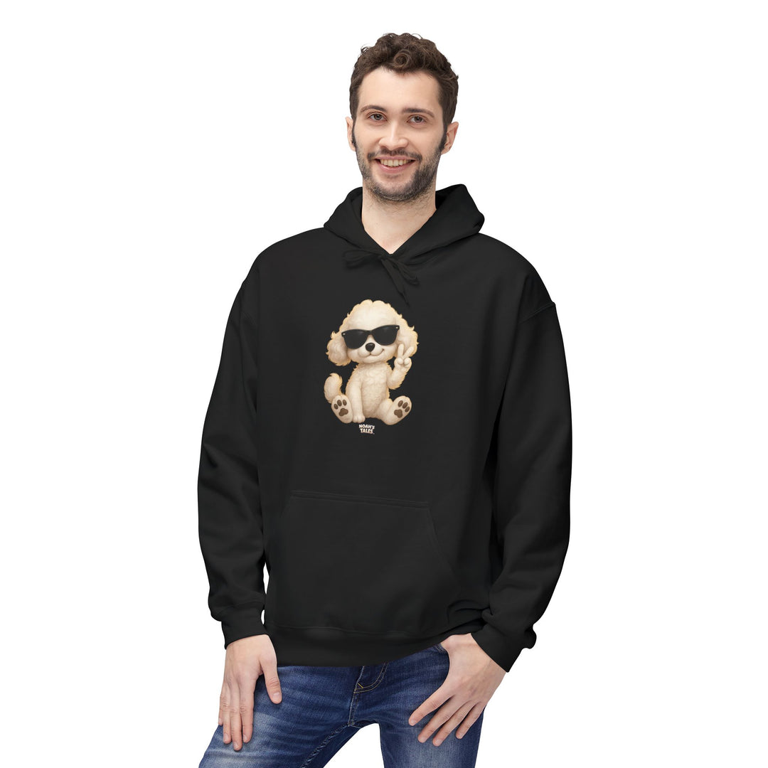 Cool cute animal design men's hoodie in Black, Noah's Tales Coco, worn by model