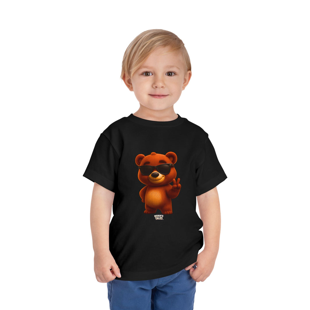 Cool cute bear design boys' t-shirt in Black, Noah's Tales Baxter, worn by model