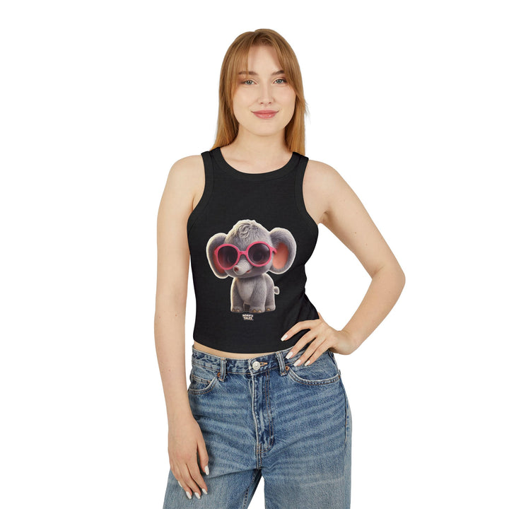 Cool cute elephant women's tank top in Solid Black Blend, Noah's Tales Ellie Belle, worn by model