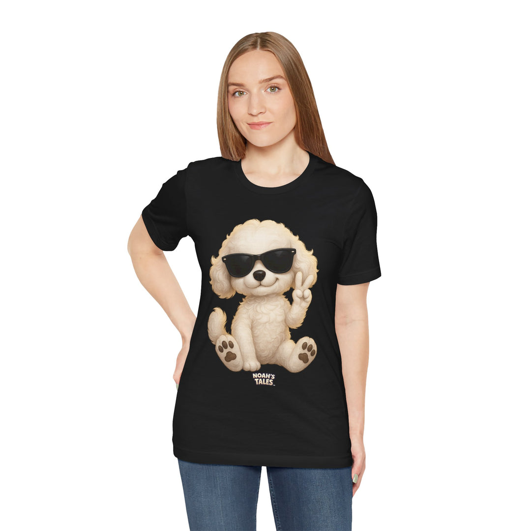 Cool cute pet women's t-shirt in Black, Noah's Tales Coco, worn by model