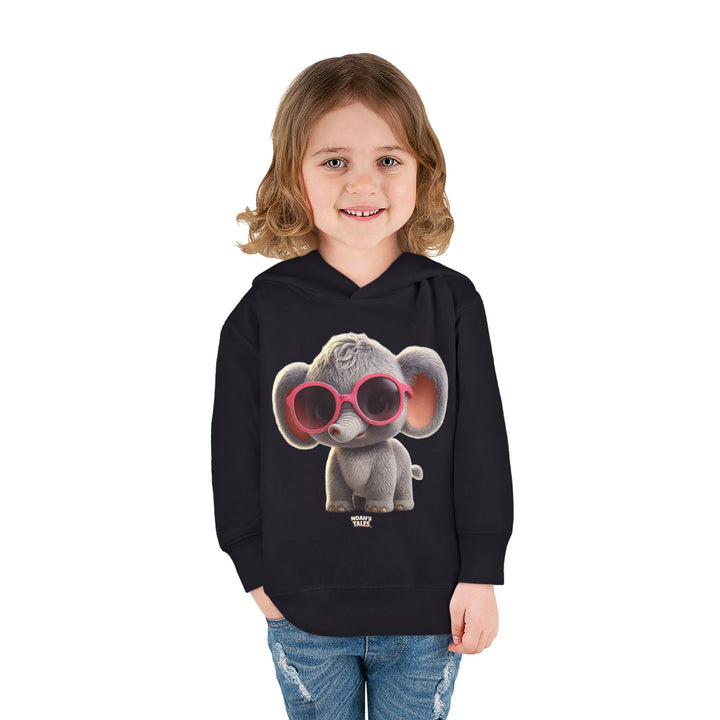 Cool elephant design girls' hoodie in Black, Noah's Tales Ellie Belle, worn by model