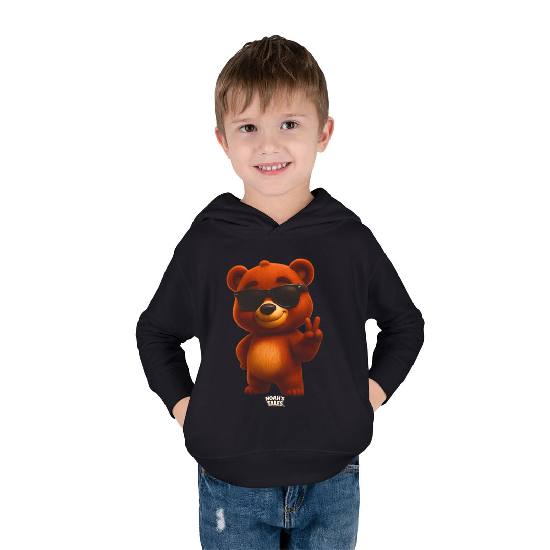 Cool fun bear design boys' hoodie in Black, Noah's Tales Baxter, worn by model