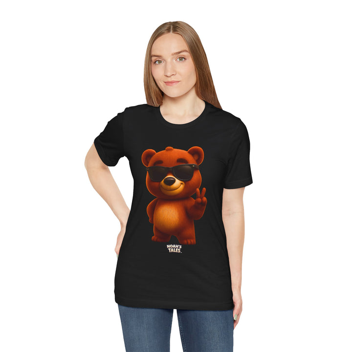 Cool funny bear women's t-shirt in Black, Noah's Tales Baxter, worn by model