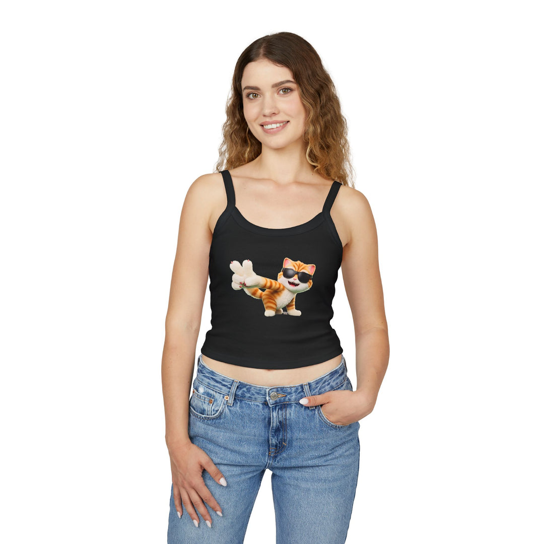 Cool funny cat tank top in Solid Black Blend, Noah's Tales Tommy, worn by model
