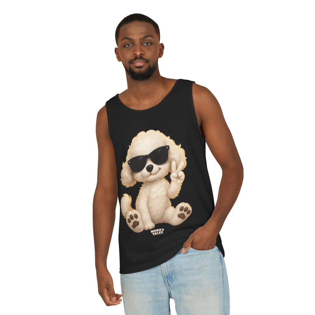 Cool funny dog men's tank top in Black, Noah's Tales Coco, worn by model