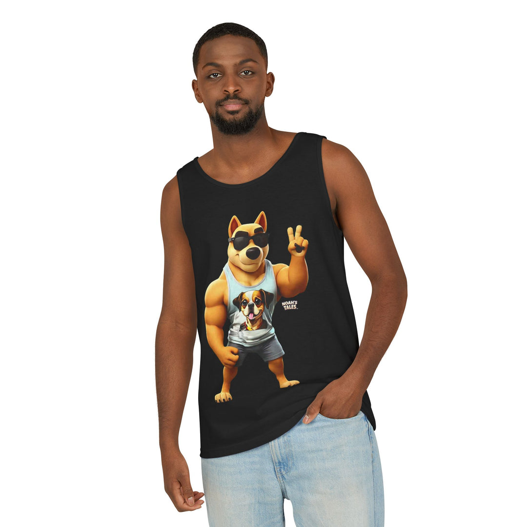 Cool funny pet men's tank top in Black, Noah's Tales Ranger, worn by model