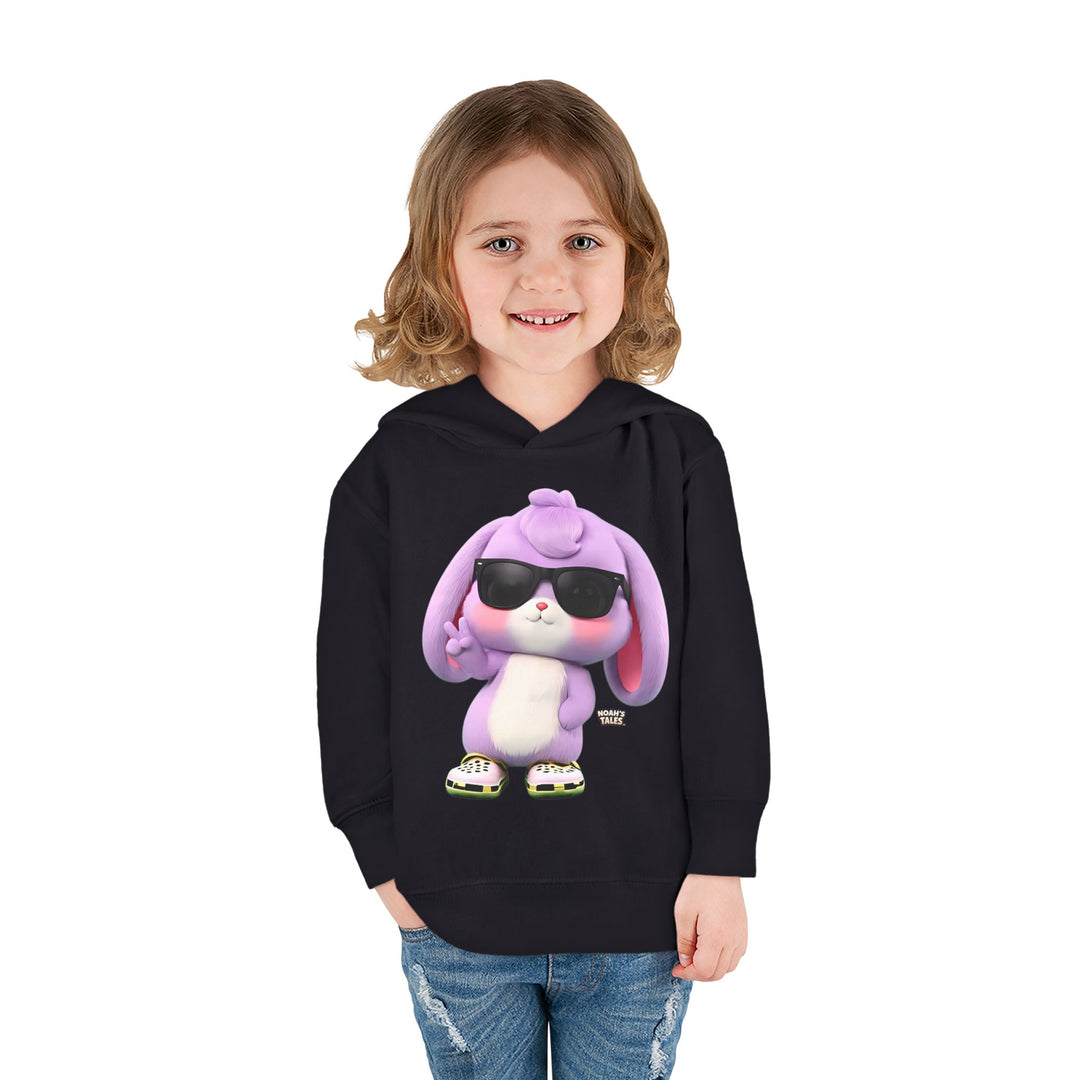 Cool Lilac funny bunny design girls' hoodie in Black, Noah's Tales, worn by model