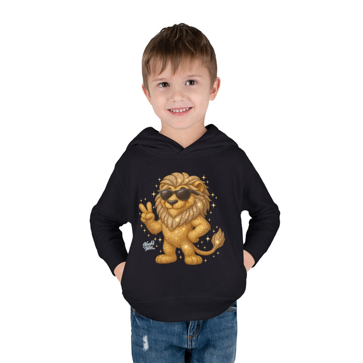 Cool lion design boys' hoodie in Black, Noah's Tales Leo, worn by model