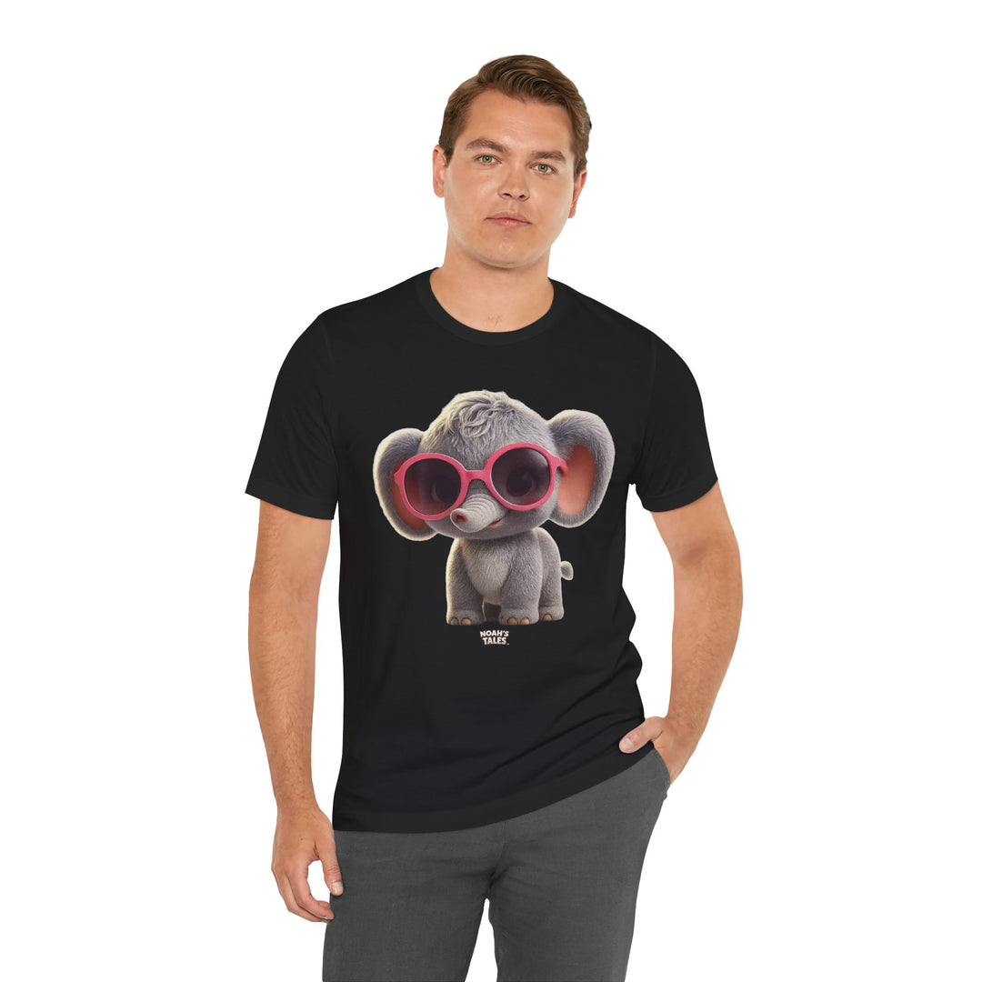 cute animal men's t-shirt in Black, Noah's Tales Ellie Belle, worn by model