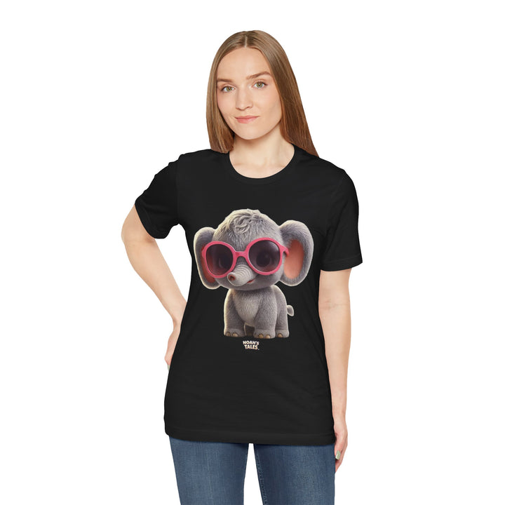 cute animal women's t-shirt in Black, Noah's Tales Ellie Belle, worn by model