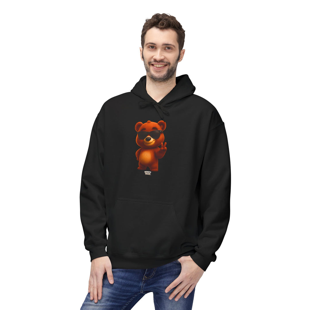 cute bear design men's hoodie in Black, Noah's Tales Baxter, worn by model