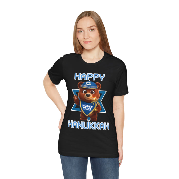 "Happy Hanukkah Bear" cute bear design women's t-shirt in Black, Noah's Tales, worn by model