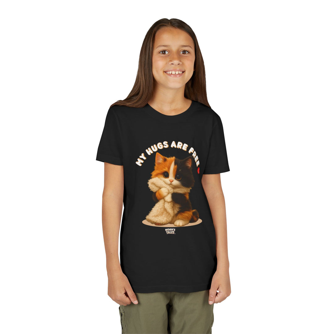 "My Hugs Are Free" cute cat girls' t-shirt in Black, Noah's Tales, worn by model