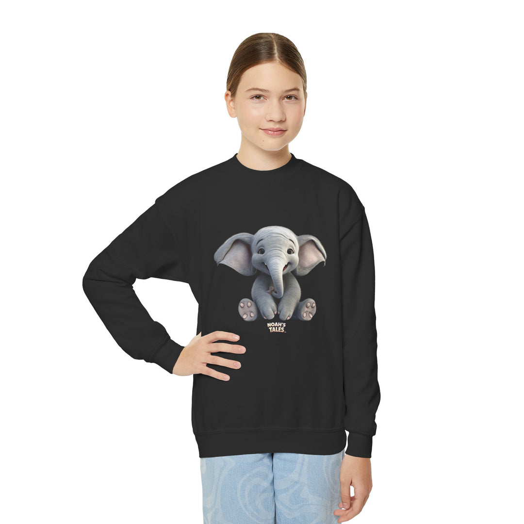 elephant artwork girls' sweatshirt in Black, Noah's Tales Noah, worn by model