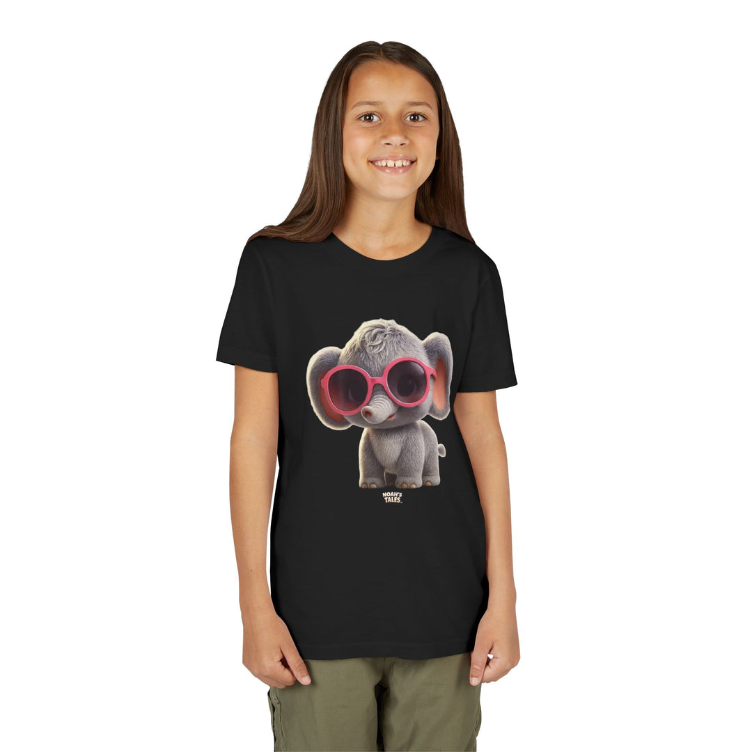elephant design girls' t-shirt in Black, Noah's Tales Ellie Belle, worn by model